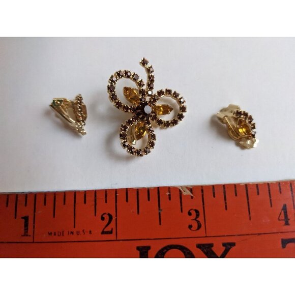 Vintage Rhinestone Bow Brooch & Clip-On Earring Gold tone topaz brown tone - Picture 9 of 9